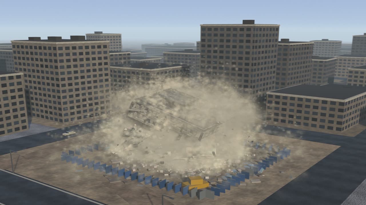 A full-frame still from the procedural demolition drone film.